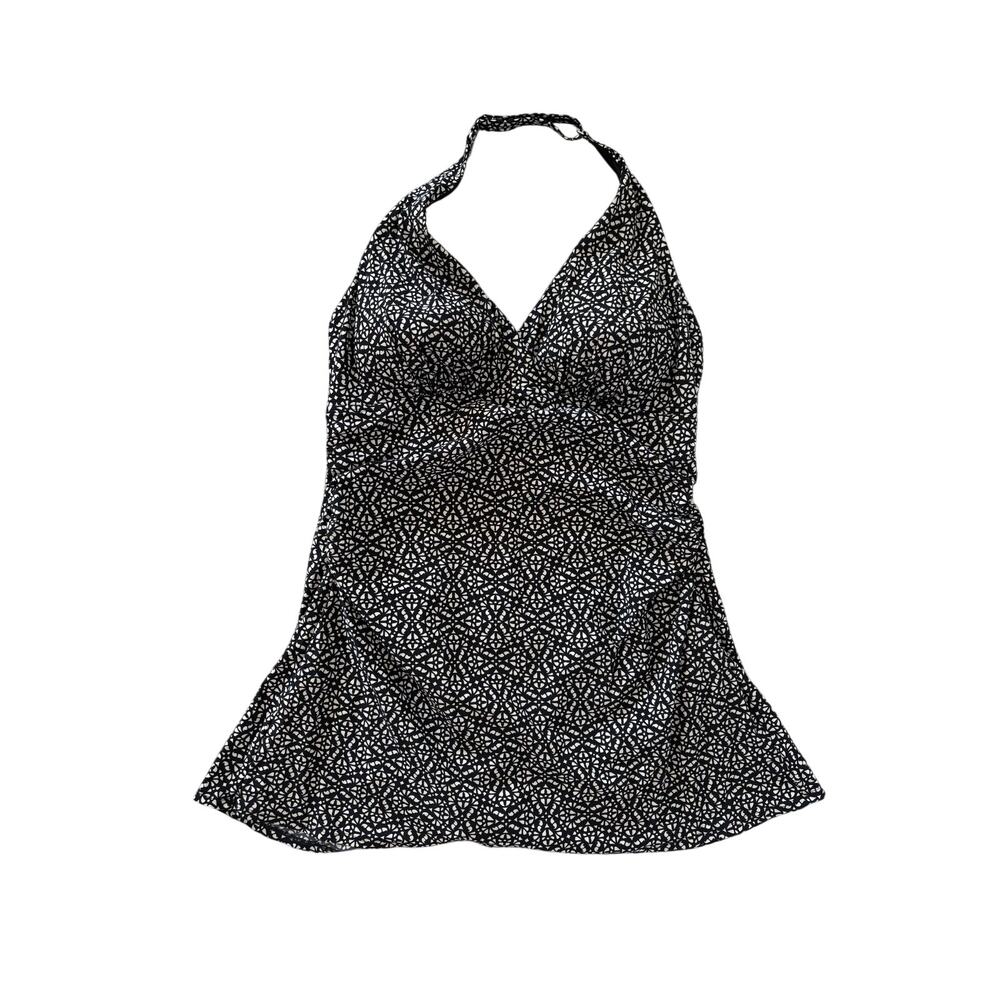 LL Bean Women's Mono Black White Halter Modest UPF 40+ Swim Dress 16 Reg